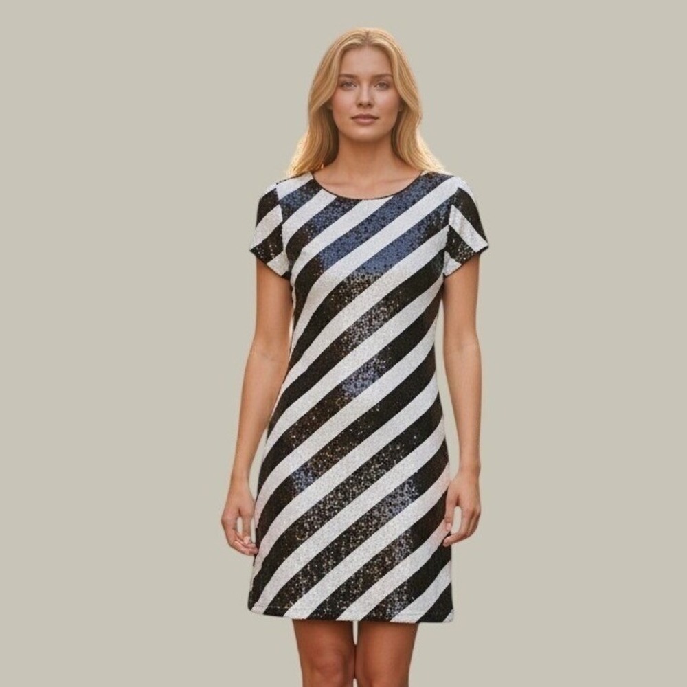 White House Black Market Sequin Dress Womens Small Black White Striped Short Slv